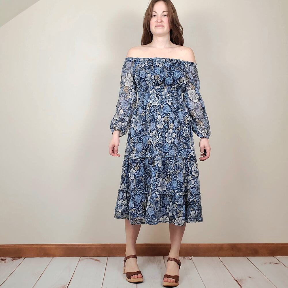 Patrons of Peace Floral Off the Shoulder Tiered Midi Dress Blue XS
